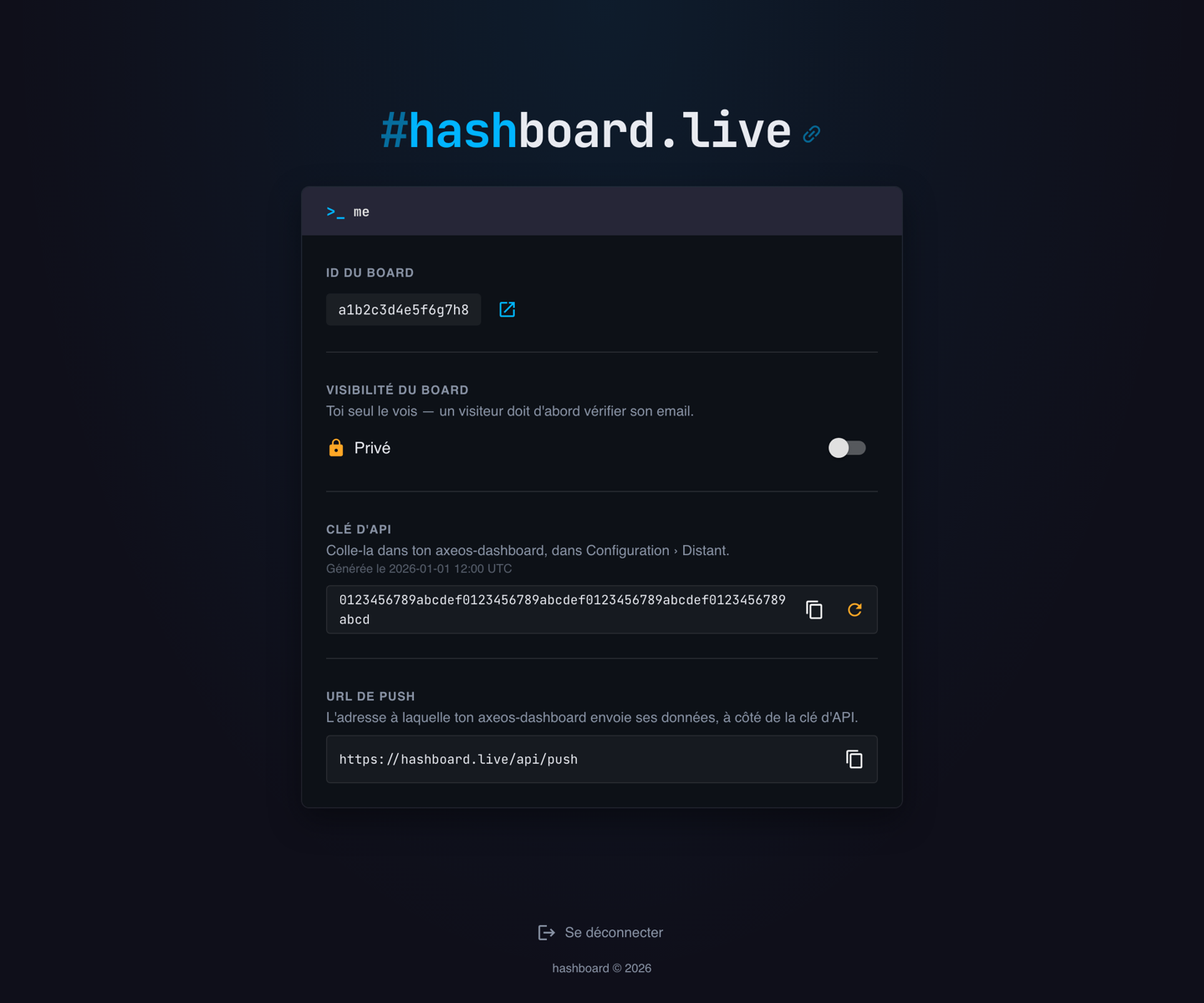Ton compte — clé API, URL de push, bascule public/privé